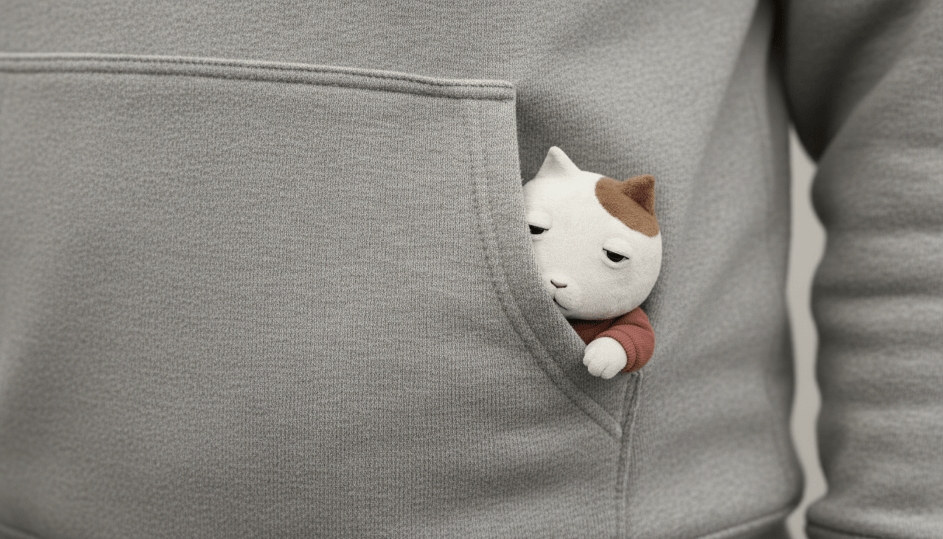 pocKET emerging from the side opening of a grey hoodie front pocket