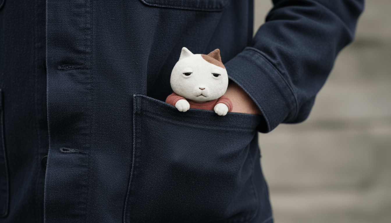 pocKET leaning on the edge of a dark jacket pocket with his arms folded