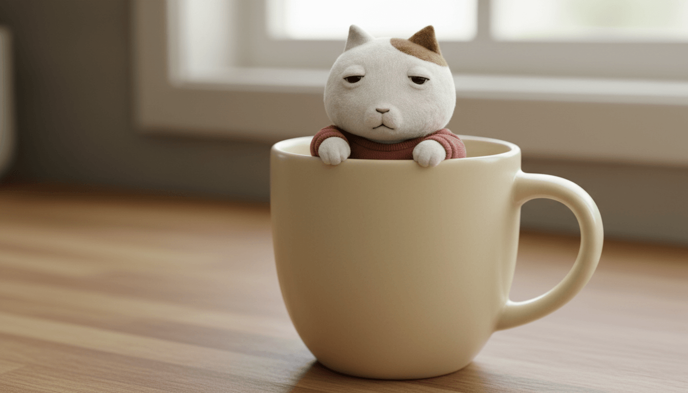pocKET sitting inside an empty coffee mug with his paws on the rim