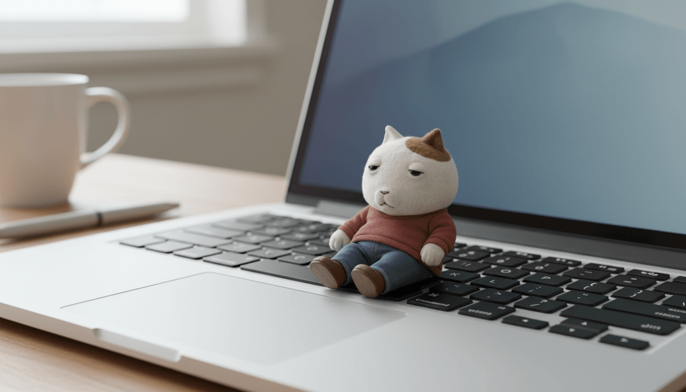 pocKET sitting on the keyboard of an open laptop, about as tall as eight keys