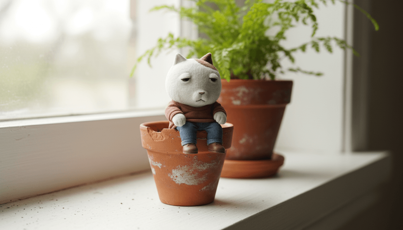 pocKET sitting on the rim of a small terracotta plant pot on a windowsill
